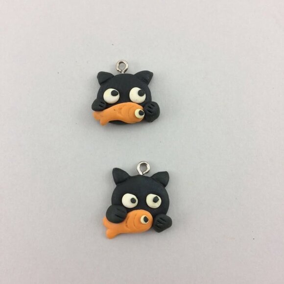 9 Black Kitty Cat Goldfish Polymer Clay Charms Pendants Handmade 3/4" - Picture 2 of 10